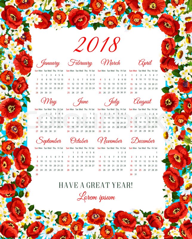 643x800 Calendar 2018 Vector Design Template Of Spring Flowers. Vector