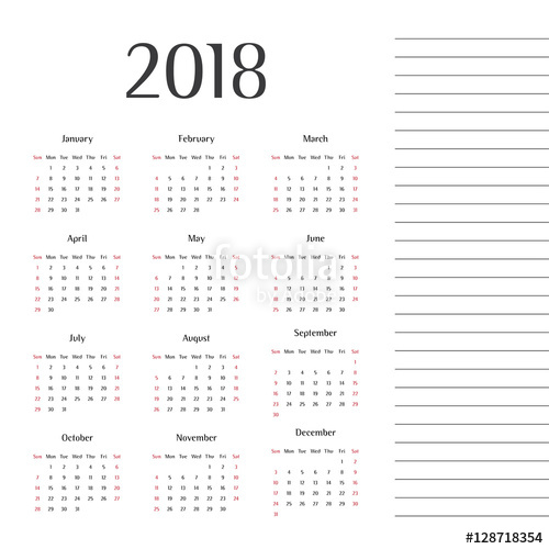 500x500 Calendar 2018. Twelve Months. Year 2018. Calendar Design. Modern
