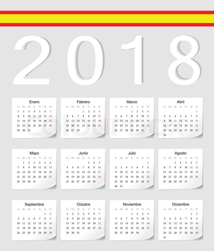 682x800 Spanish 2018 Vector Calendar With Shadow Angles. Week Starts From