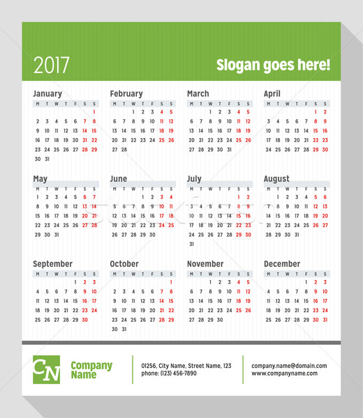 520x600 Calendar For 2017 Year. Week Starts Monday. Vector Design Print