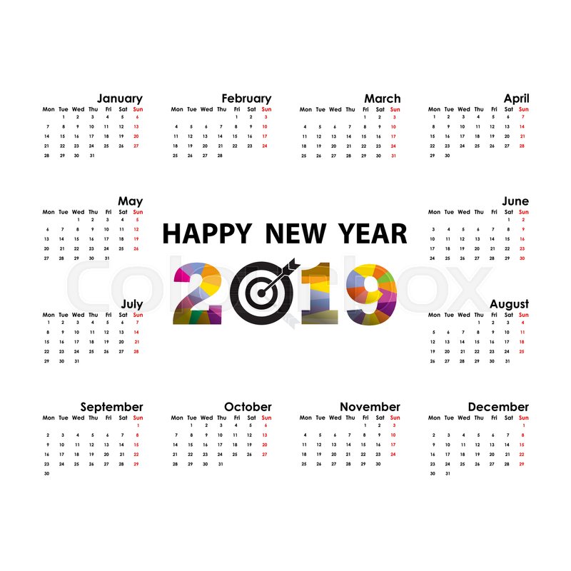800x800 2019 Calendar Template.starts Monday.yearly Calendar Vector Design
