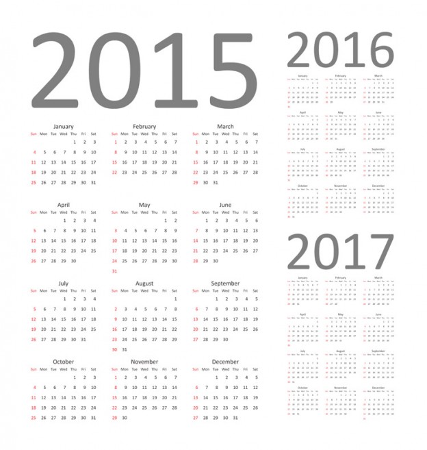 624x657 Calendar 2015, 2016 And 2017. Fully Editable