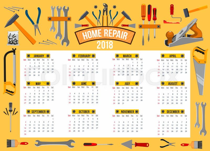 800x574 Home Repair Work Tools 2018 Calendar Template. Vector Design Of