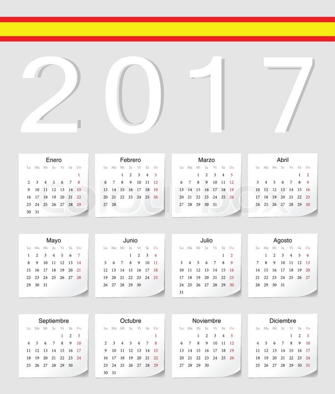 682x800 Spanish 2017 Vector Calendar With Shadow Angles. Week Starts From