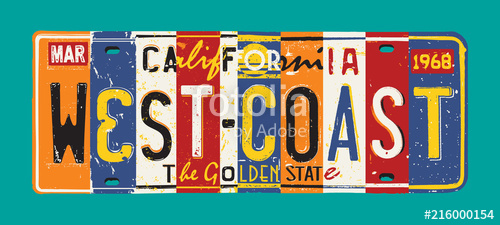 500x225 California West Coast License Plate Vector Grunge Patchwork Stock