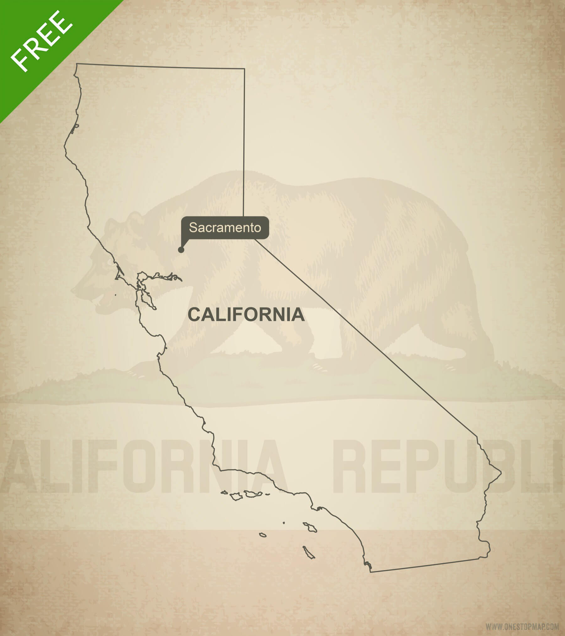 1800x2028 Free Vector Map Of California Outline One Stop Map