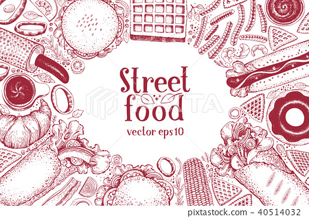 450x318 Hand Drawn Fast Food Banner. Street Food Top View Background. Hand