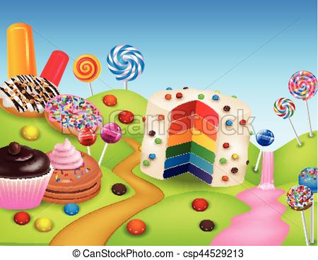 450x368 Vector Illustration Of Fantasy Candyland With Dessrts And Sweets.