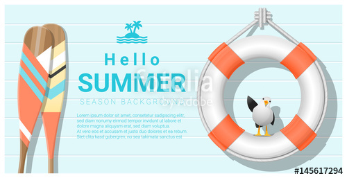 500x257 Hello Summer Background With Lifebuoy And Canoe Paddle , Vector