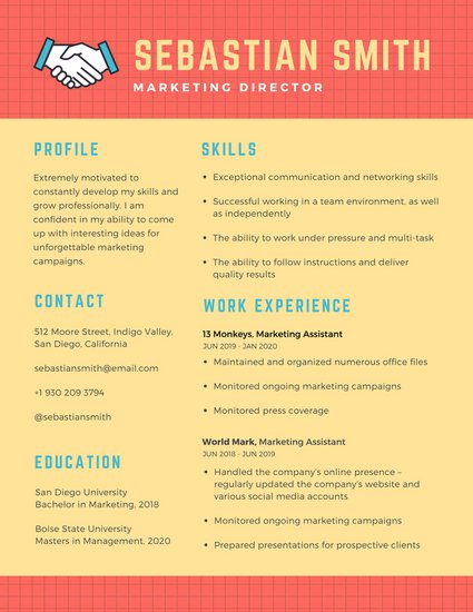 425x550 Handshake Resume Template Yellow Red Grid Vector Handshake