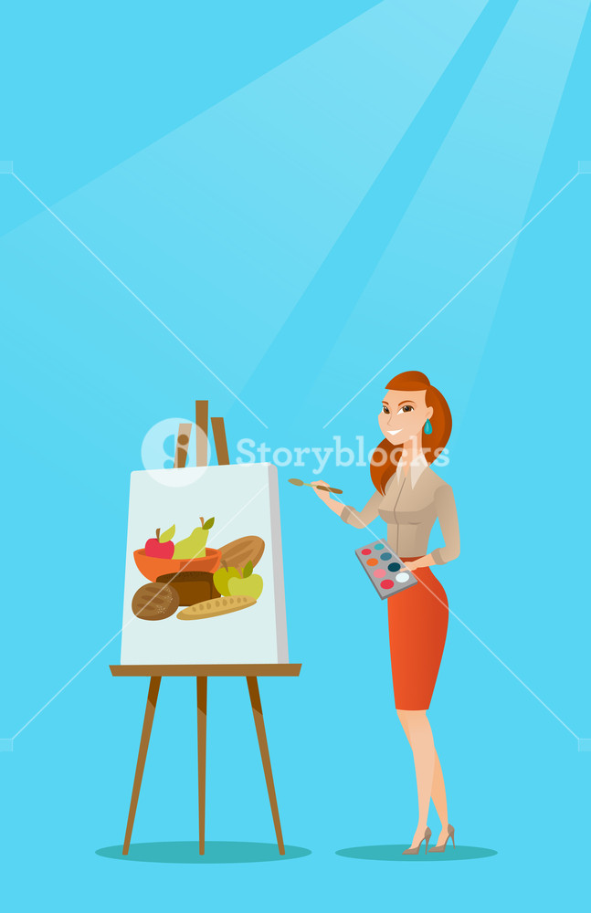 647x1000 Young Caucasian Woman Painting A Female Model On Canvas. Creative
