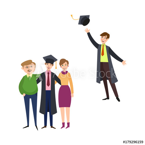 500x500 Vector Flat College, University Graduates Scenes Set. Boy In