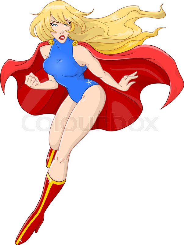 603x800 Vector Illustration Of Super Woman Flying With Red Cape. Stock