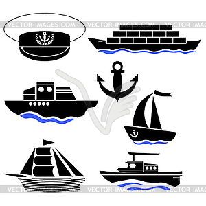 300x300 Sea Ships Silhouettes. Anchor Icon. Captain Hat Icon