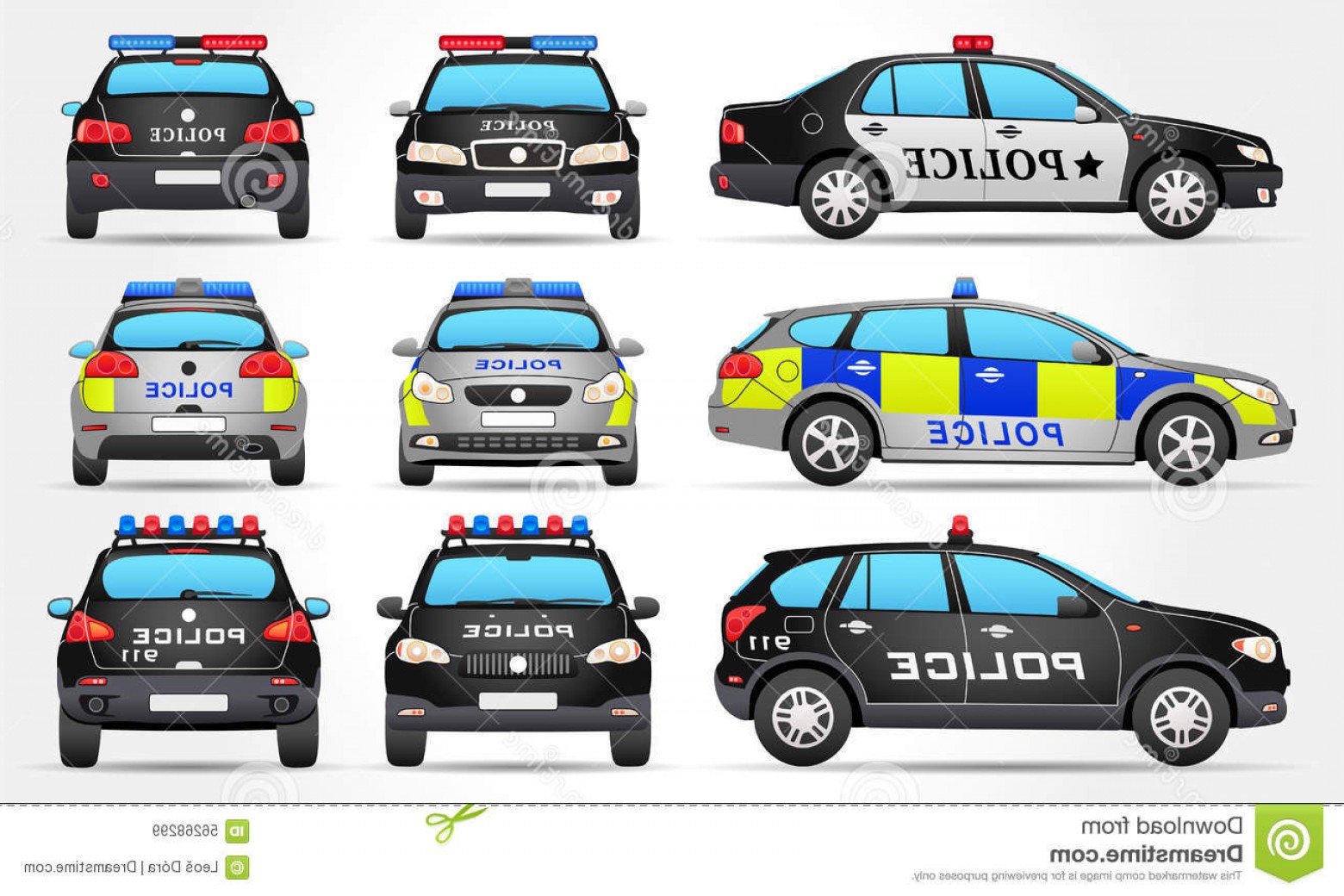 1560x1040 Stock Illustration Police Cars Side Front Back View Vector