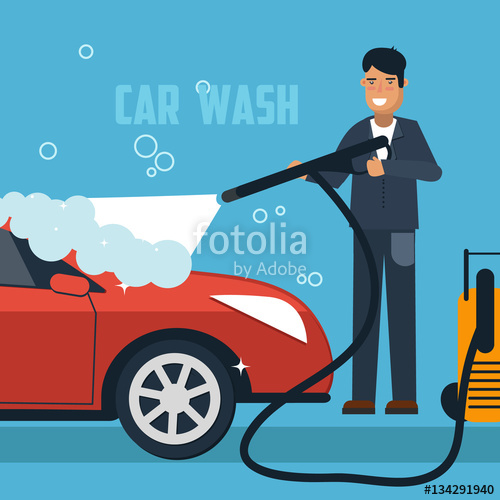 500x500 Car Wash Concept Illustration. Man Washing Car Banner. Car Wash
