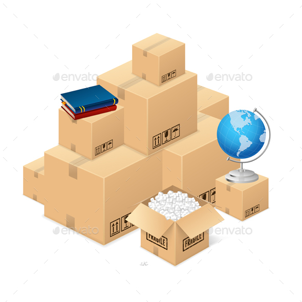 590x590 Moving Concept With A Pile Of Cardboard Boxes. Vector By Mousemd