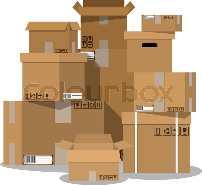 800x735 Pile Of Stacked Sealed Goods Cardboard Boxes. Vector Illustration