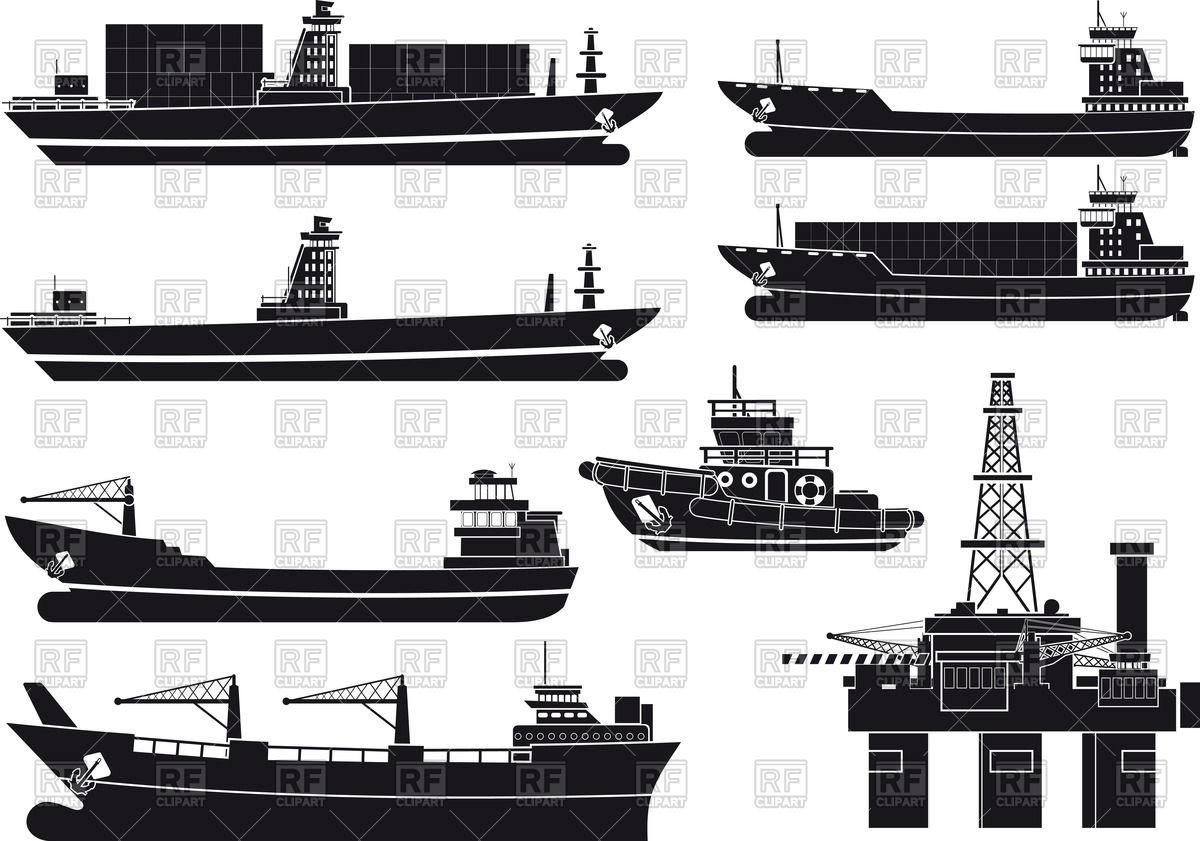 1200x841 Silhouettes Of Cargo Vessels, Tugboat And Oil Platform Vector