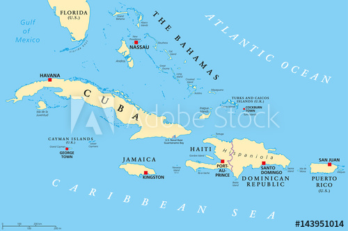 500x333 Greater Antilles Political Map. Caribbean Islands. Cuba, Jamaica