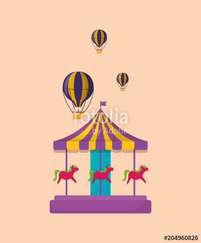 413x500 Carousel And Hot Air Balloon Icon Over Orange Background, Colorful