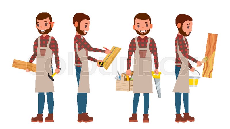 800x450 Professional Carpenter Vector. Foreman. Male In Different Poses