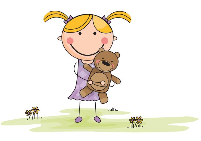 700x490 Vector Cartoon Girl With Stuffed Animal In Field