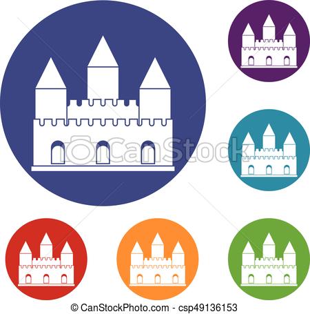 450x455 Castle Tower Icons Set In Flat Circle Red, Blue And Green