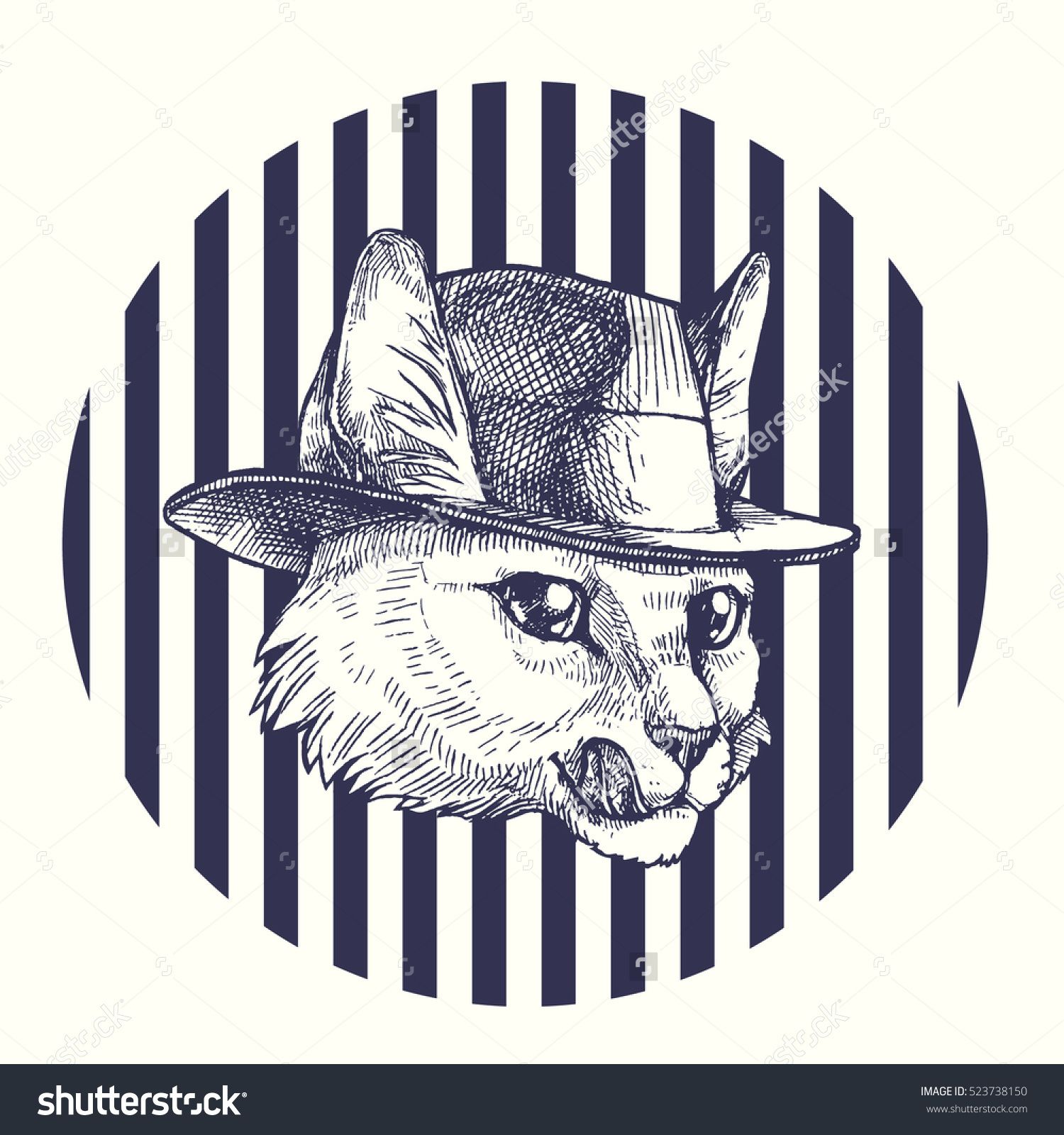 1500x1600 Cat In The Hat. Vector Hand Drawn Vintage Illustration Portrait Of