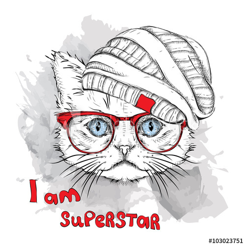 500x500 Hand Draw Cat In A Hat. Vector Illustration