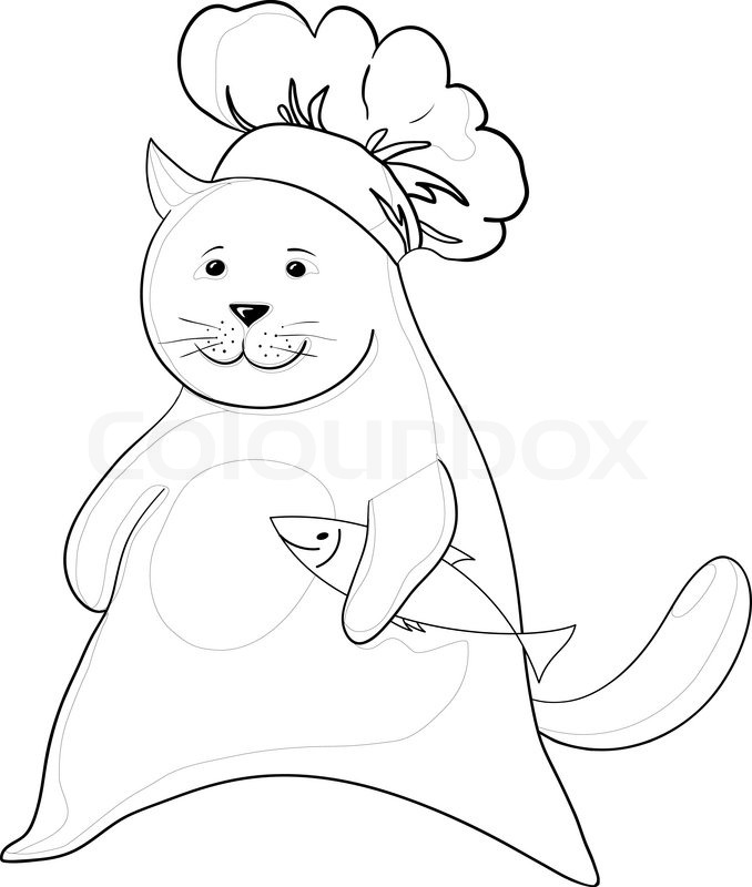 678x800 Vector Cartoon, Cat Cook In Hat With Fish, Contours Stock Vector