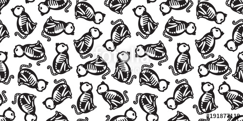 500x250 Cat Seamless Pattern Halloween Vector Cat Skull Skeleton Bone