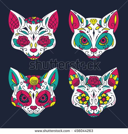 450x470 Day Of The Dead Colorful Sugar Cat Skull Vector Illustration Set