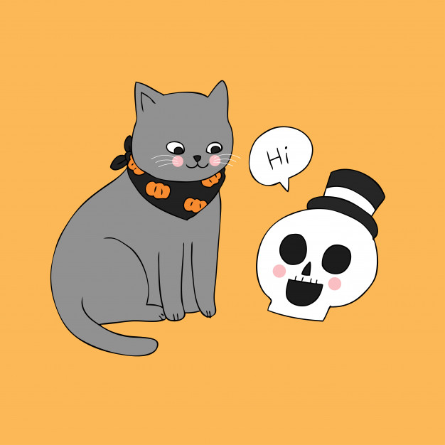 626x626 Cartoon Cute Halloween Cat And Skull Vector. Vector Premium Download