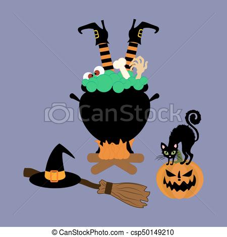 450x470 Halloween Witch Cauldron On The Purple Background. Vector