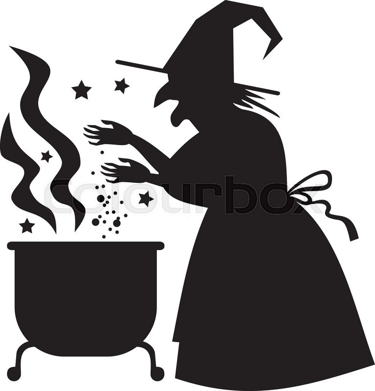 767x800 Silhouette Witch Preparing Potion In The Magic Cauldron. Vector