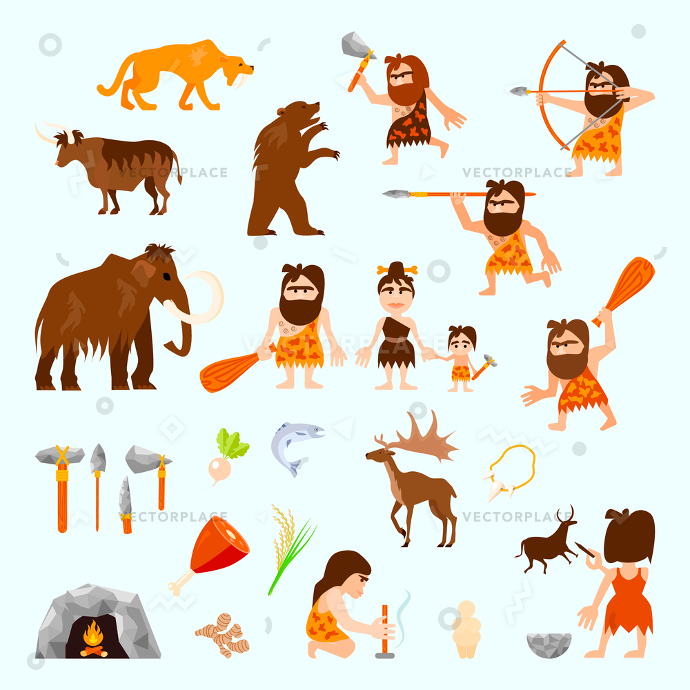 1000x1000 Stone Age Flat Icons Set Caveman Vector Illustration 12223