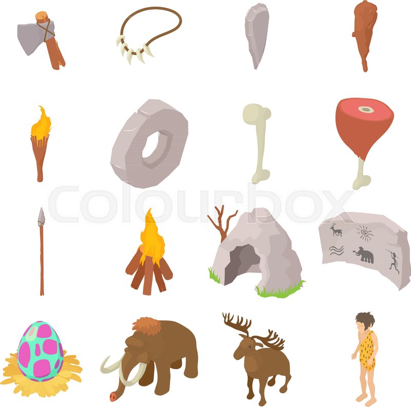 800x793 Cavemen Human Icons Set. Isometric Illustration Of 16 Caveman