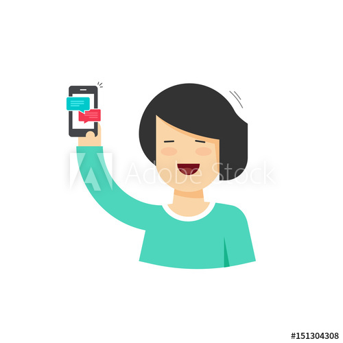 500x500 Cartoon Happy Smiling Woman Holding Smartphone With Chatting
