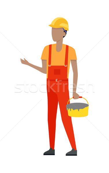 378x600 Builder In Helmet And Uniform. Bucket Of Cement Vector