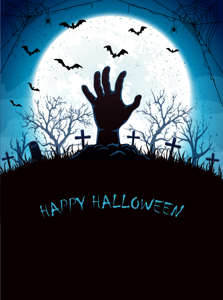 452x607 Blue Halloween Background With Moon And Hand On Cemetery Vector