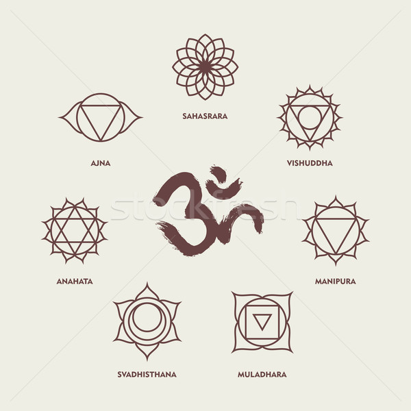 600x600 Chakra Symbols Line Style Set And Om Calligraphy Vector