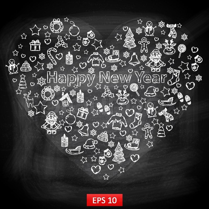 800x800 Chalk Board Happy New Year In The Form Of Heart,with Santa Claus