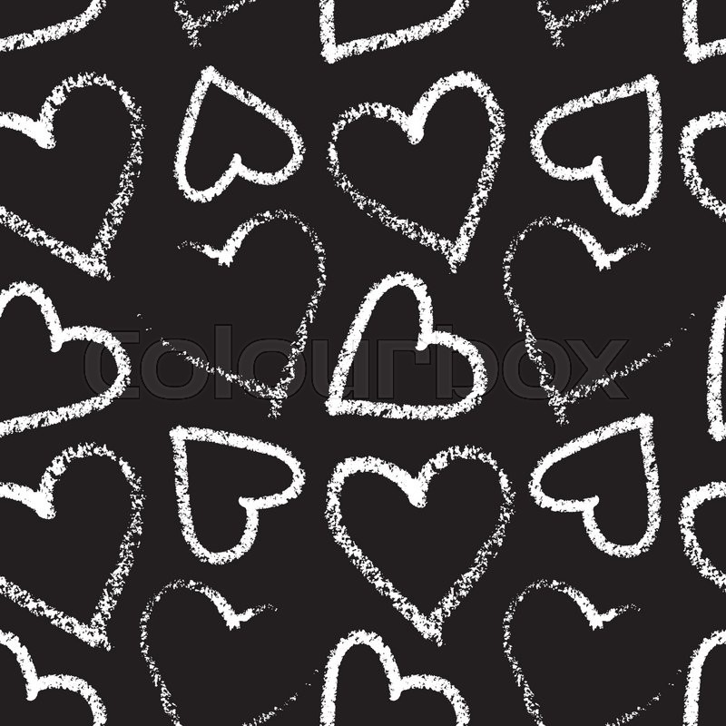 800x800 Handdrawn White Chalk Sketch. Heart Seamless Pattern On The Black