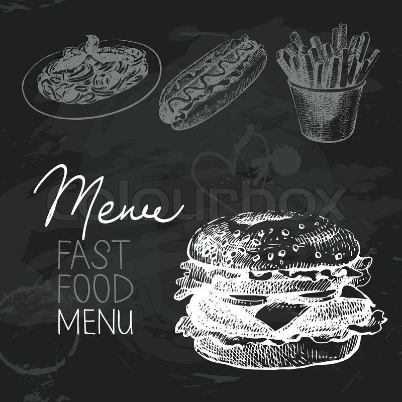 800x800 Fast Food Hand Drawn Chalkboard Design Set. Black Chalk Texture