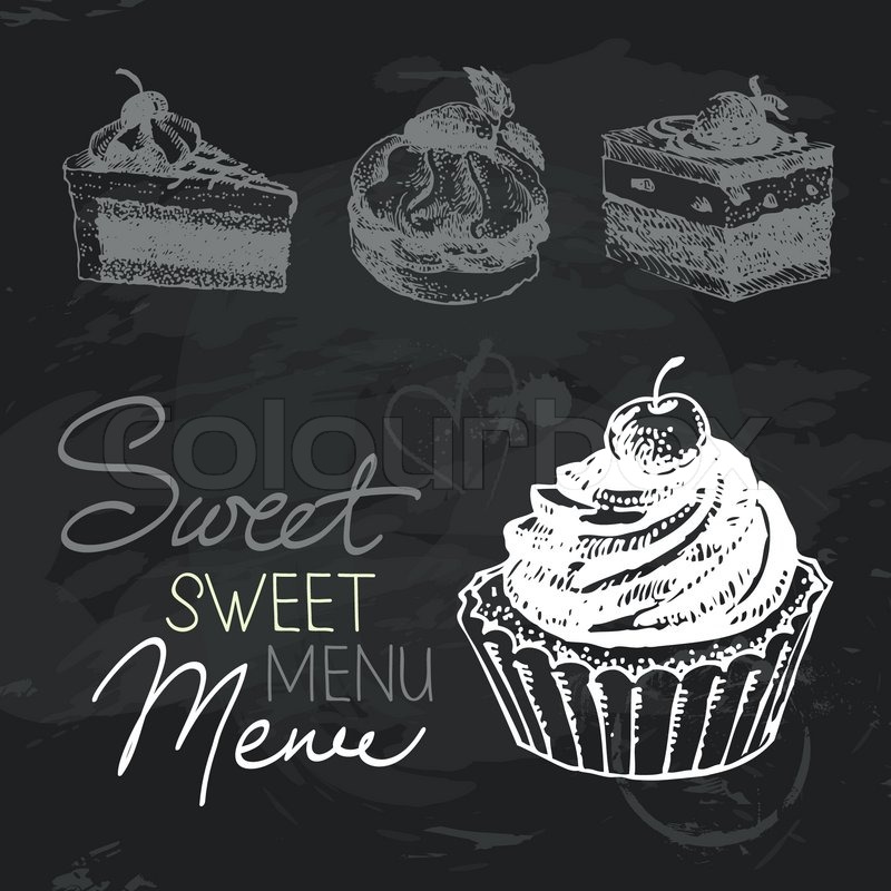 800x800 Sweet Cakes Hand Drawn Chalkboard Design Set. Black Chalk Texture