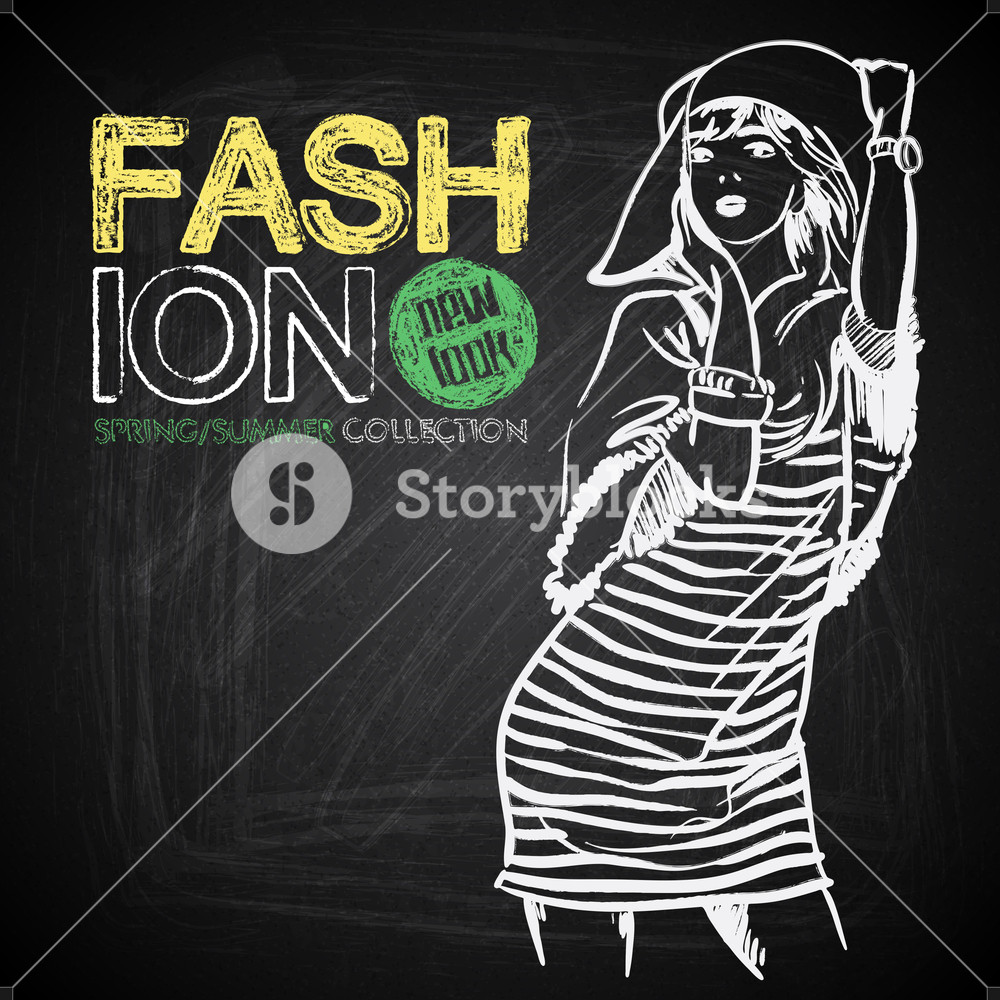 1000x1000 Outline Drawing Of The Pretty Girl On A Board Chalk. Vector