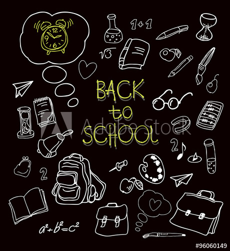 460x500 Back To School Doodles In Chalkboard Background. Vector Hand