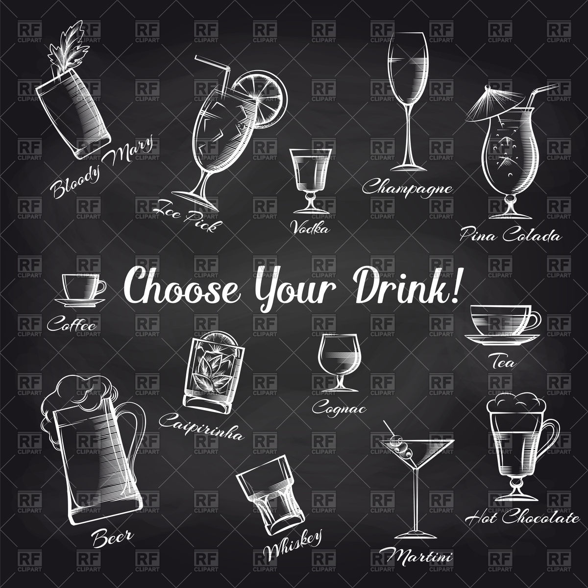 1200x1200 Hand Drawn Cocktails Set On Chalkboard Vector Image Vector