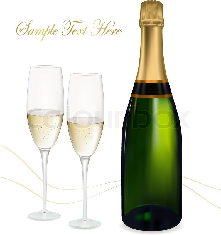 753x800 Vector Illustration. Two Glasses Of Champagne And Bottle. Stock